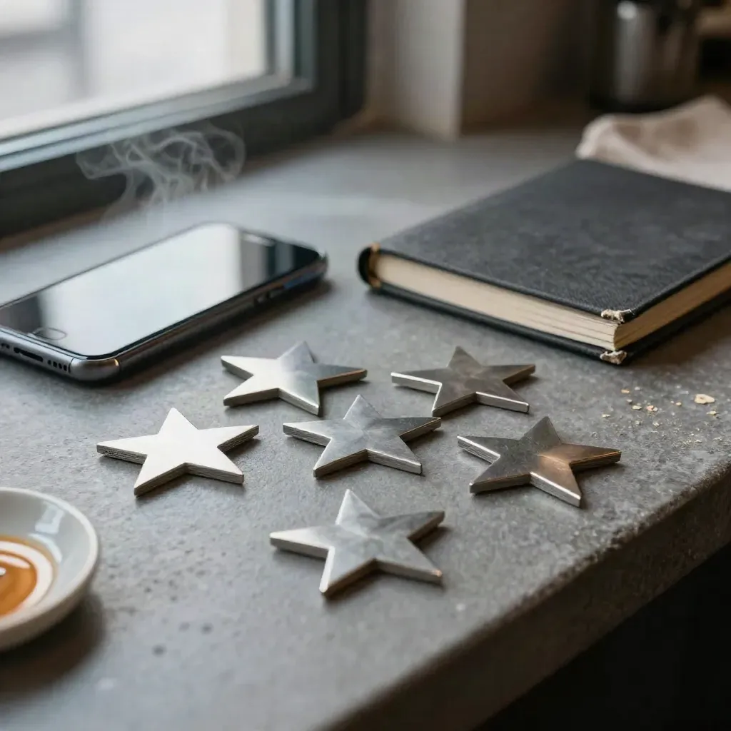 After-hours café counter with star tokens, phone, notebook and coral dish in soft steam.