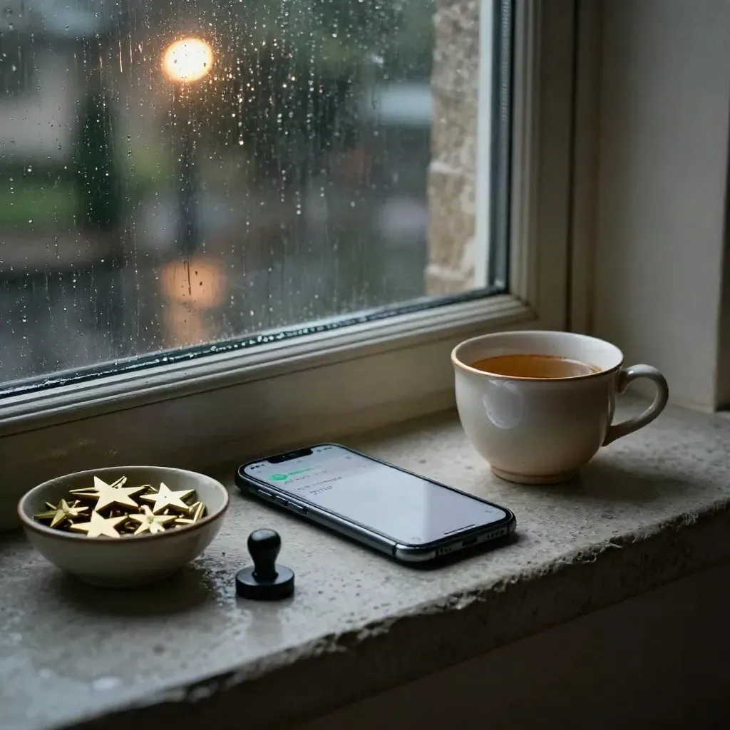Glowing smartphone with star tokens, stamp, and cold tea on a rainy night window ledge.