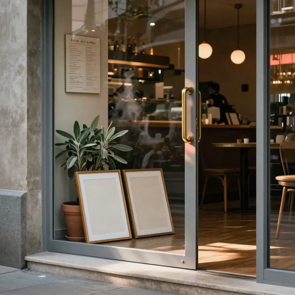 Open restaurant doorway with blank photo mats, blurred menu board, and evening light.