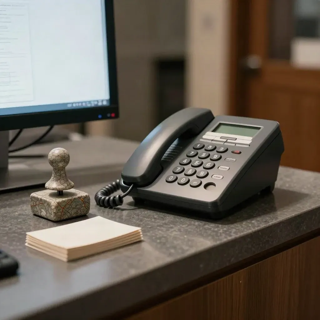 Ringing desk phone, map-pin paperweight and blank lead cards on a closing service counter.