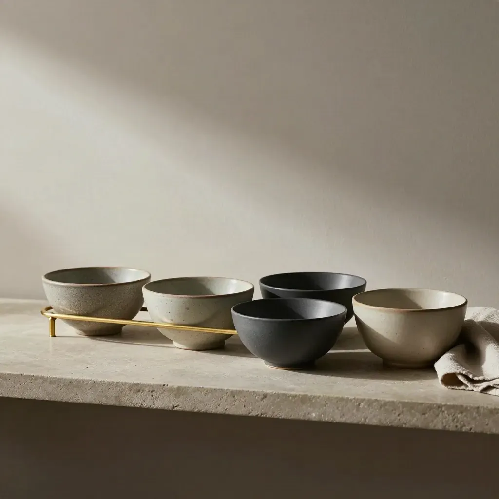 Ceramic bowls, brass divider, and folded cloth on a stone shelf